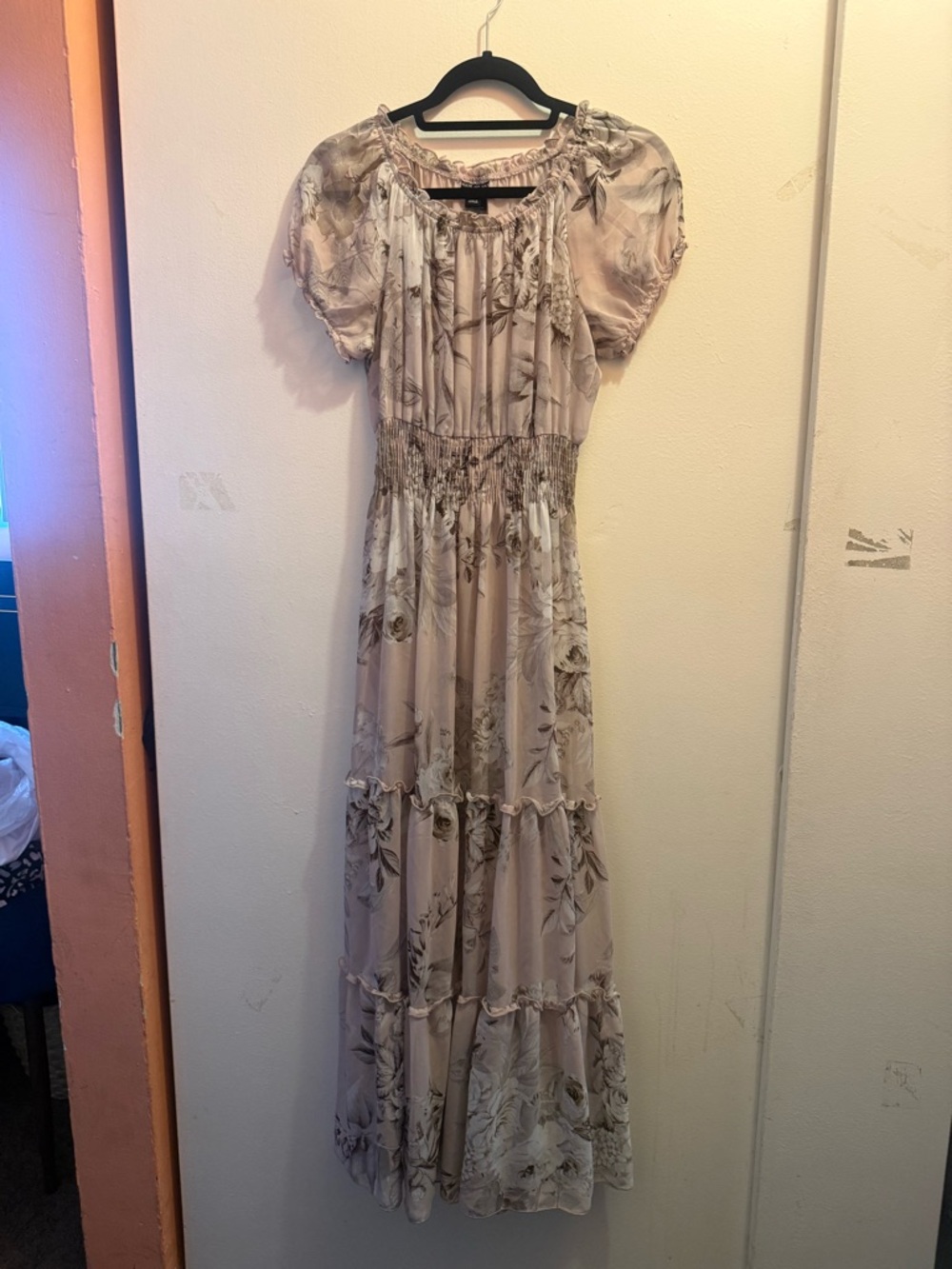 Floral Shirred Waist Maxi Dress in Beige